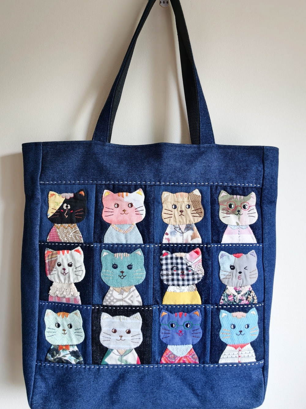 Handcrafted Blue Denim Cat Patchwork Tote Bag, Boho Slouchy Bag, Shoulder Bag
